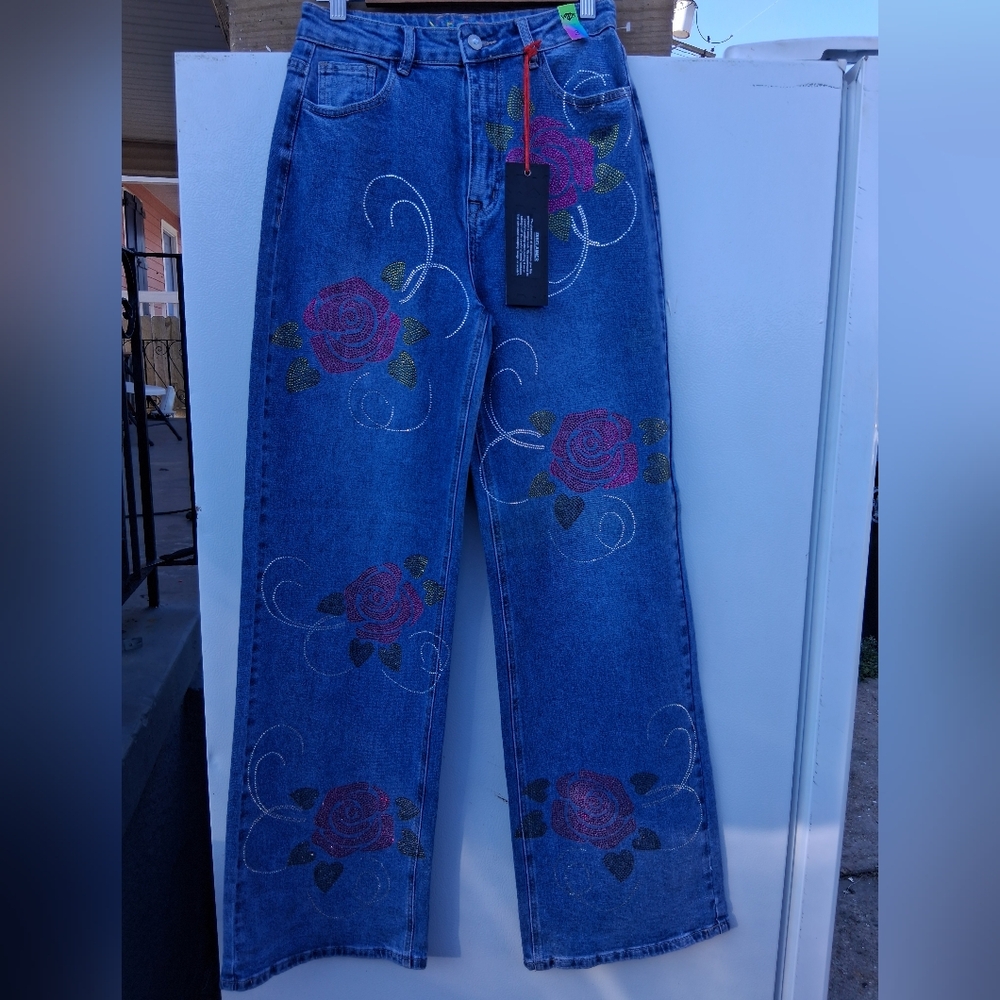 Floral Embroidered Wide Leg Jeans